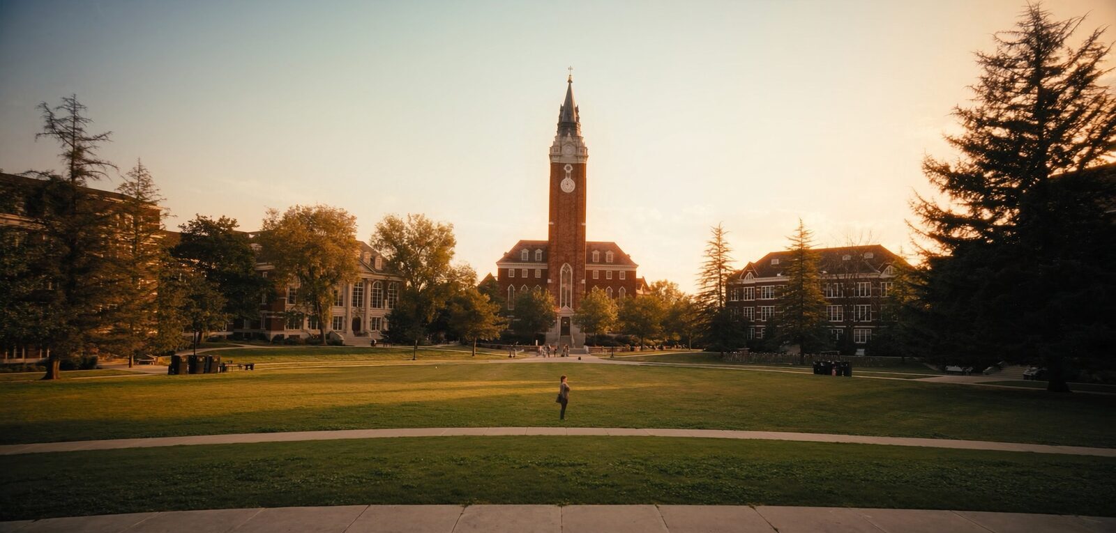 A sunlit American college lawn with red-brick buildings and a clock tower among trees