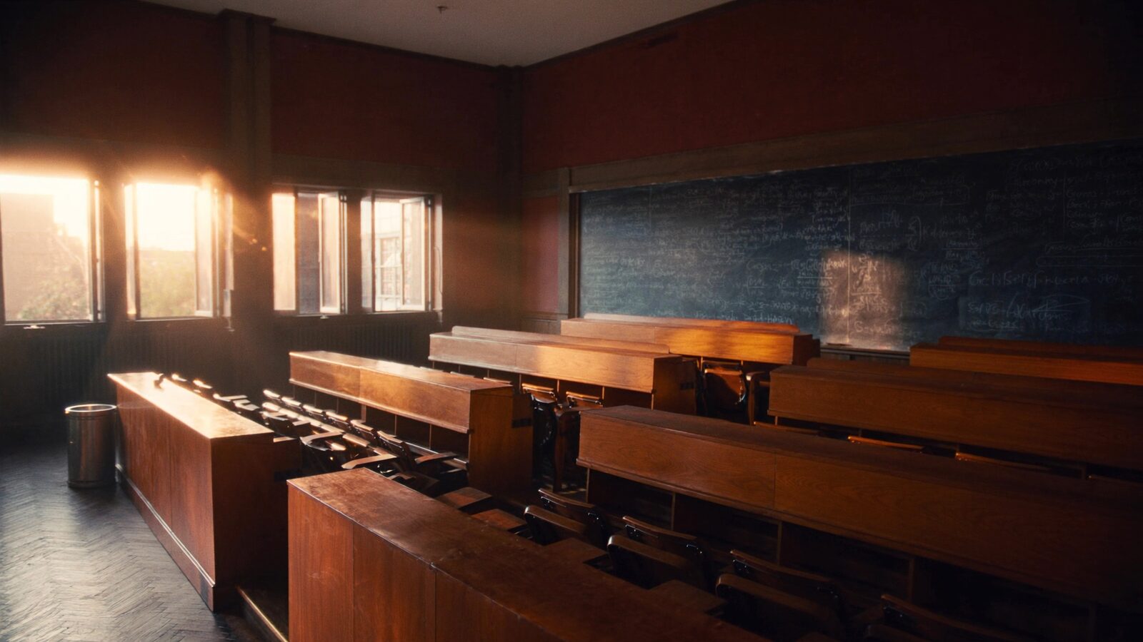 Empty tiered university lecture hall at golden hour with chalkboards of equations and warm light through tall windows