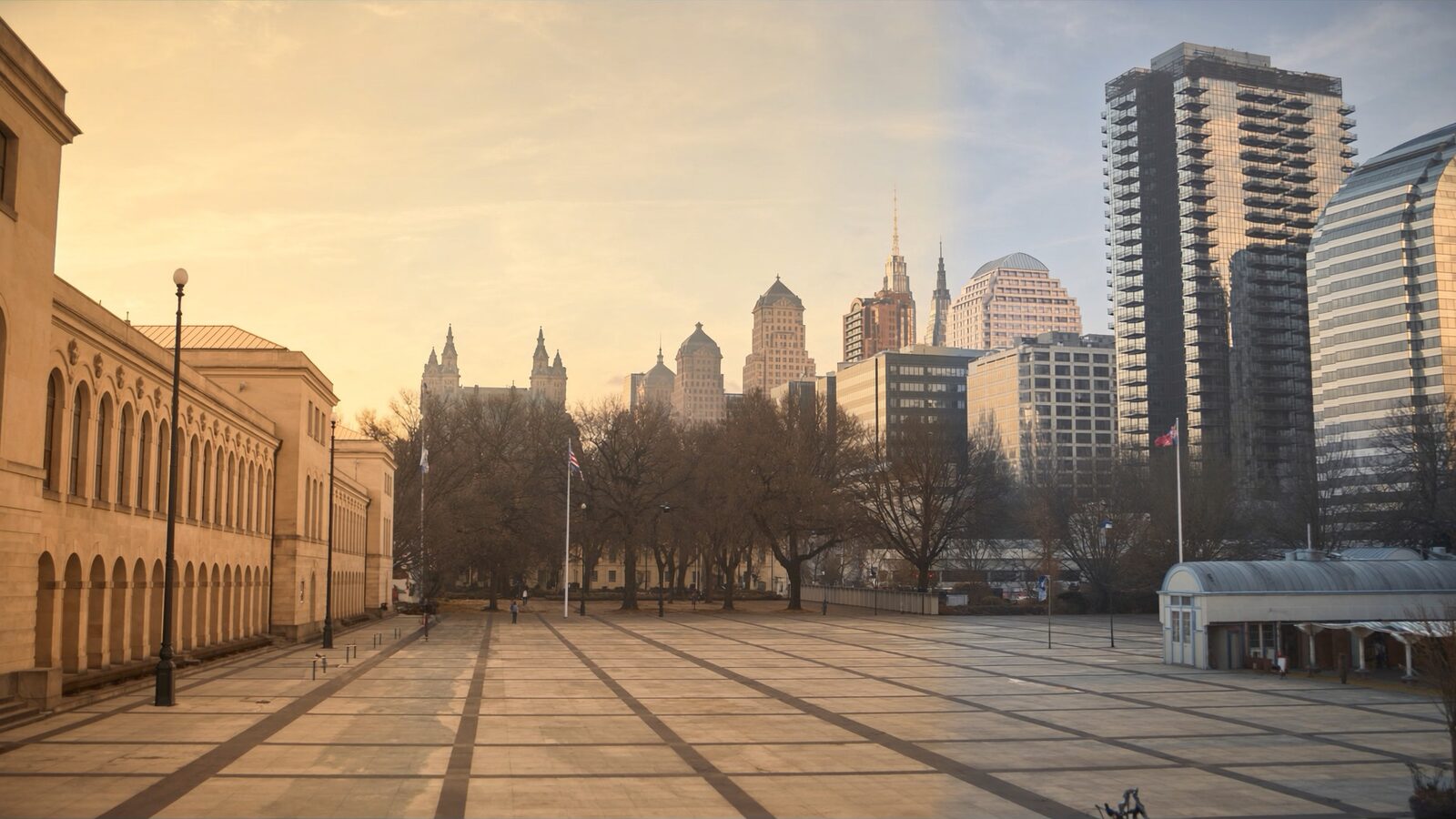An old European university courtyard fading into a modern American glass skyline under overcast morning light